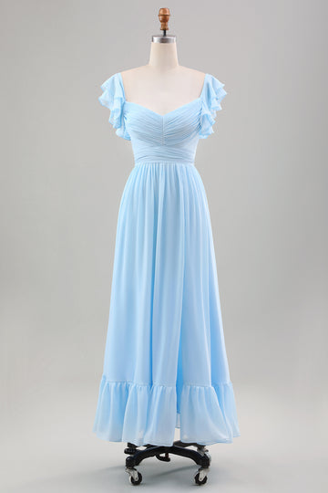 Sky Blue A Line Chiffon Bryllup Guest kjole med Ruffle ermer